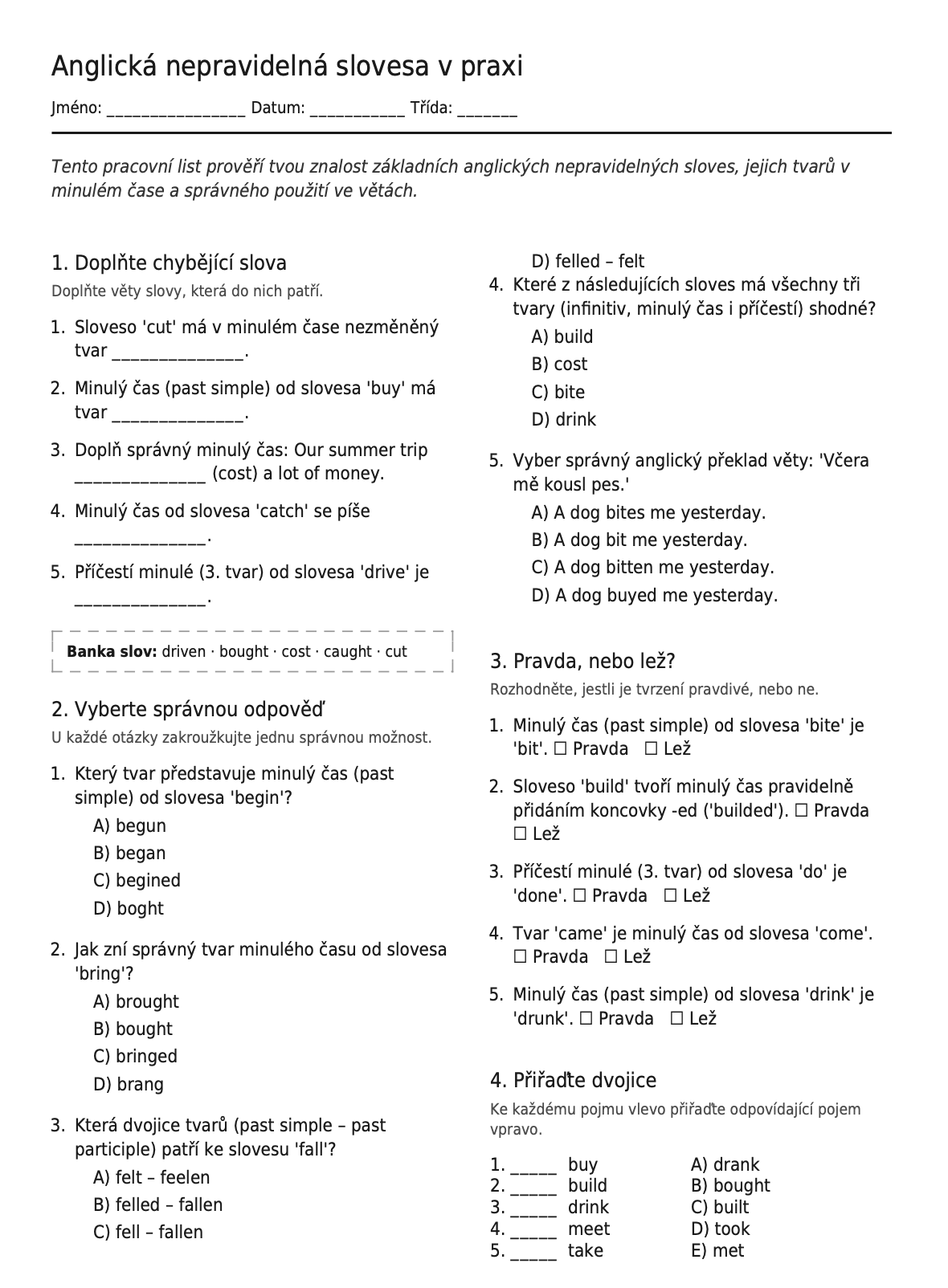 Pracovní list: Irregular verbs